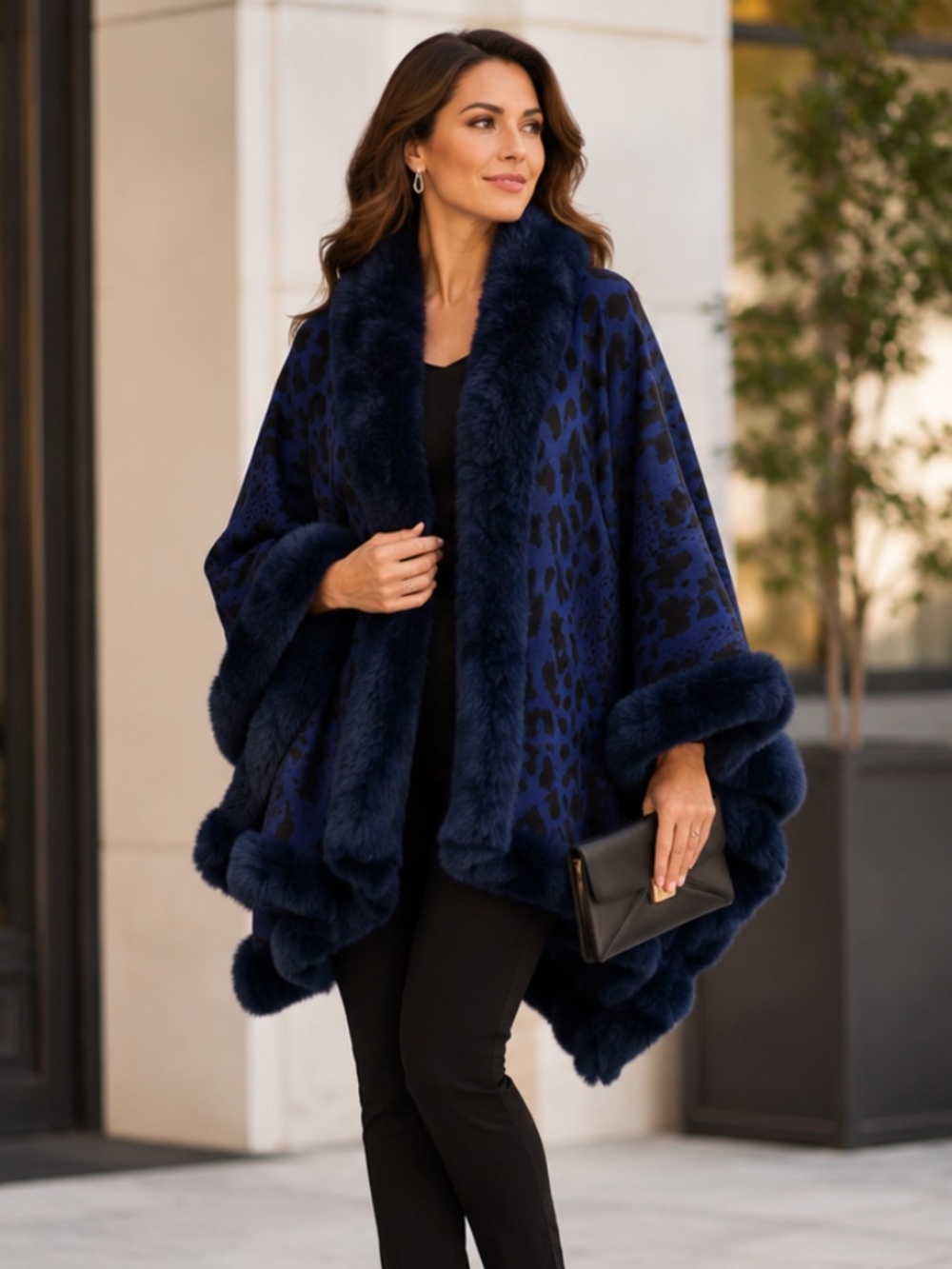 Kathy Ireland Fashion360 Safari Skies Faux Fur Trim Cape / Poncho One Size NWT